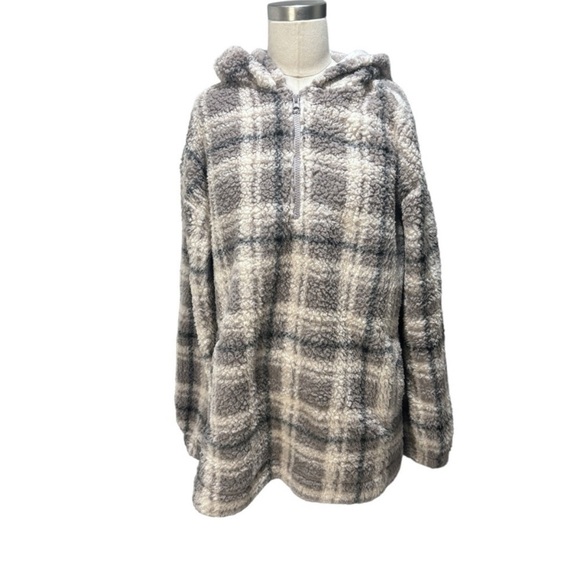 Koolaburra by UGG Women's Top Brushed Back Sherpa Hoodie plaid Size Medium - Picture 1 of 10